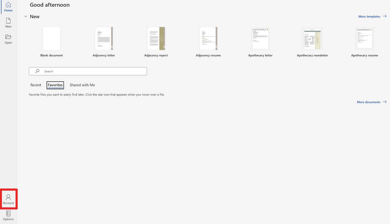 The account button highlighted in red on the Microsoft Word home menu.