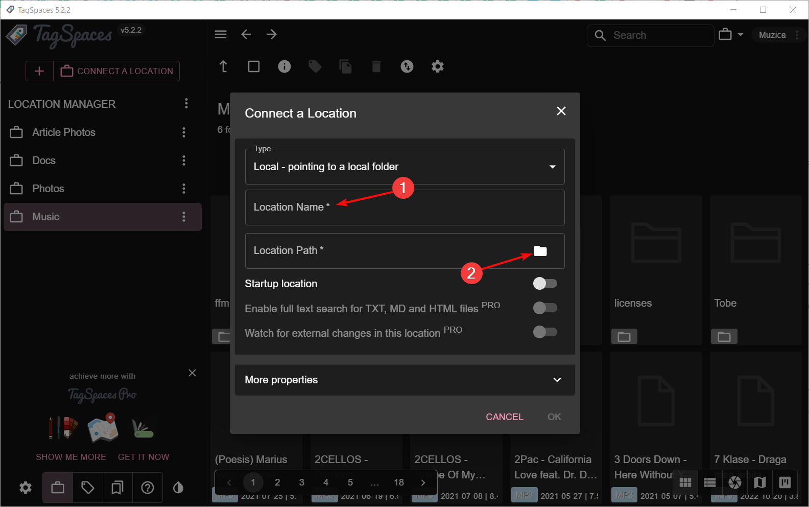 Диалог добавления папки в TagSpaces