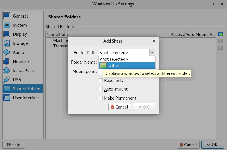 Выбор пути к папке хоста при создании Shared Folder.