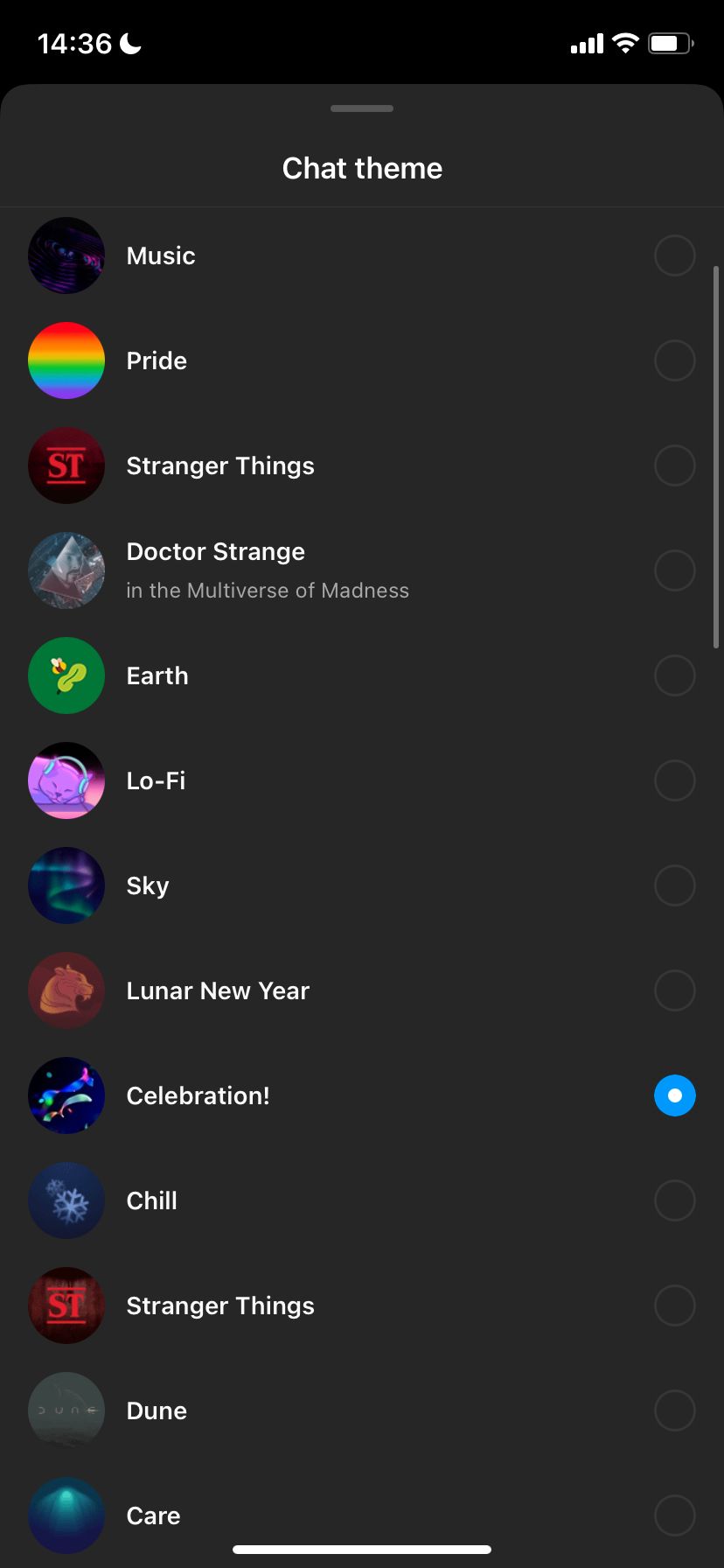 Выбор пользовательской темы чата в Instagram
