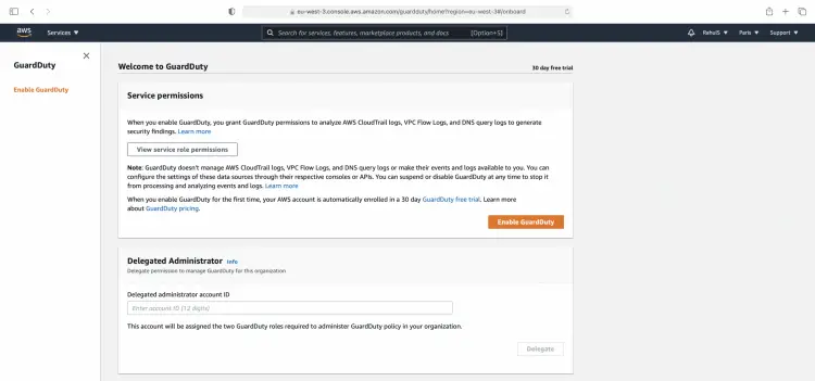 Кнопка включения GuardDuty в консоли