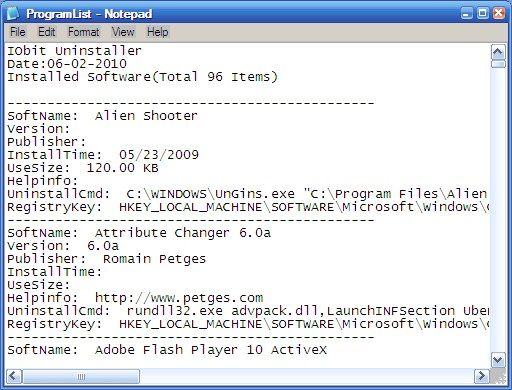 Пример сохранённого списка приложений