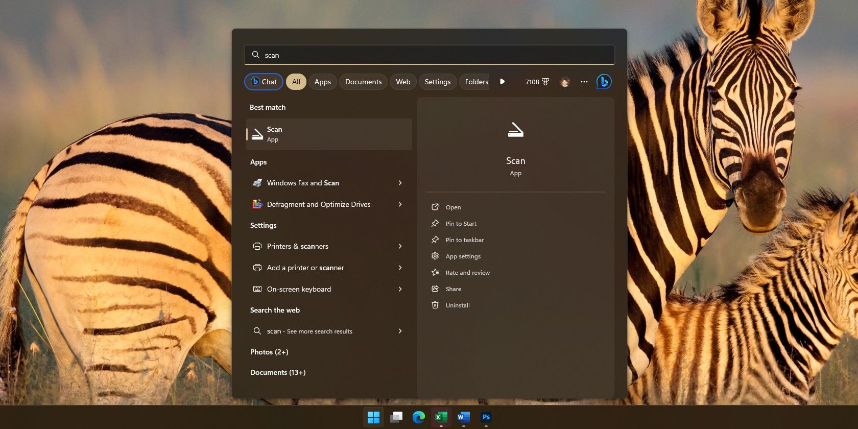 Windows Scan in the Start Menu
