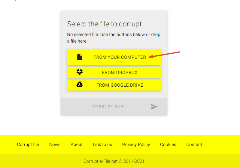 Интерфейс загрузки на сайте File Corrupter