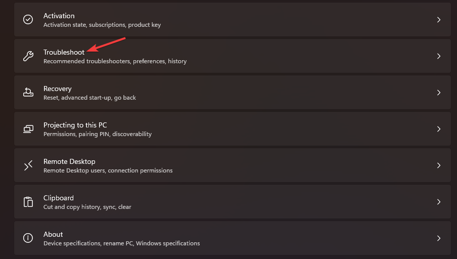 Опция Устранение неполадок
