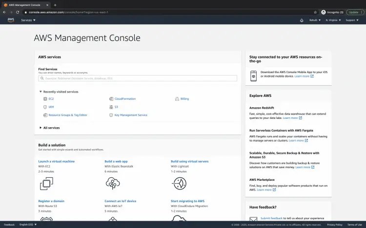 AWS Management Console с перечнем сервисов