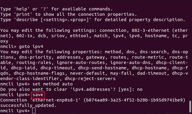 Сохранение изменений в интерактивном редакторе nmcli