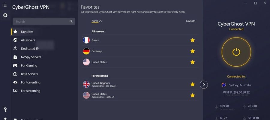 Список серверов CyberGhost с выделенным Австралией