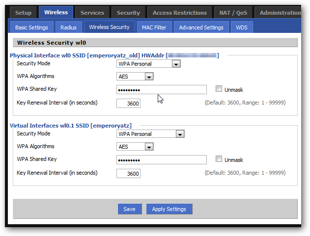 Страница настройки беспроводной безопасности в DD‑WRT