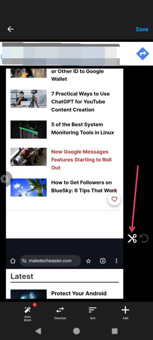 Нажмите иконку ножниц для редактирования длинного скриншота в ScreenMaster