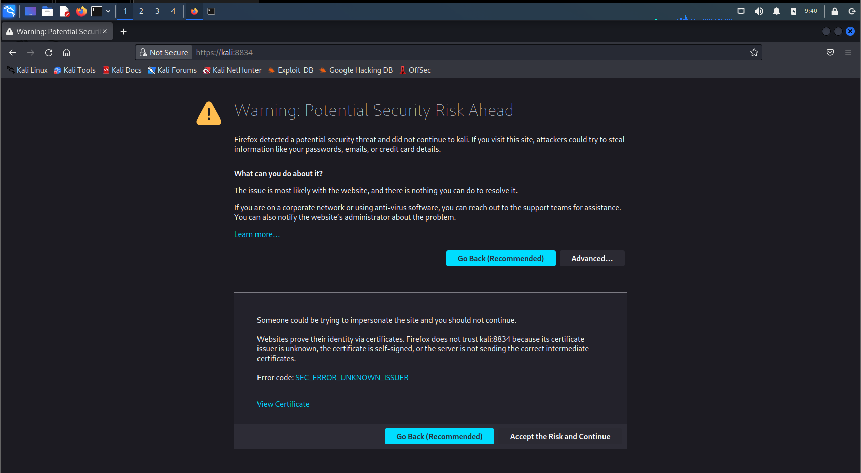 Предупреждение безопасности при подключении к Nessus