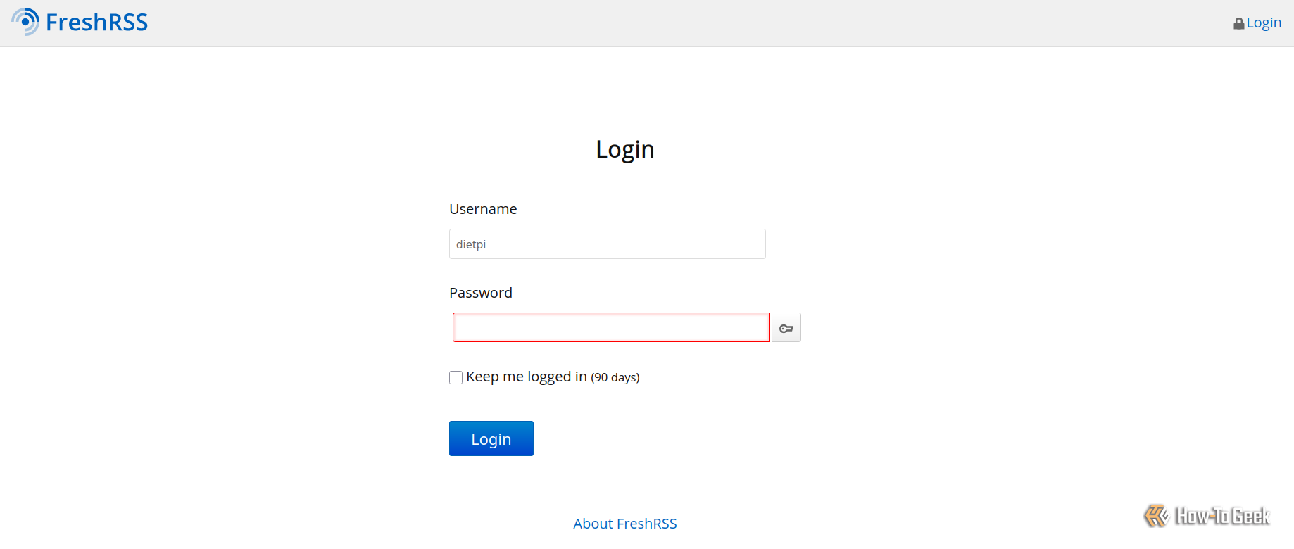 Экран входа FreshRSS в браузере.