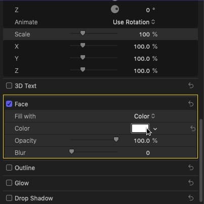 Настройка цвета лица текста в секции Face Text Inspector
