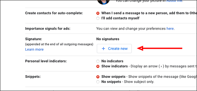 Нажмите «Создать» рядом с разделом Подпись