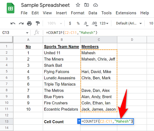 Введите функцию COUNTIF.