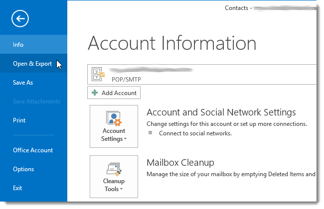 Выбор Открыть и экспорт в Outlook