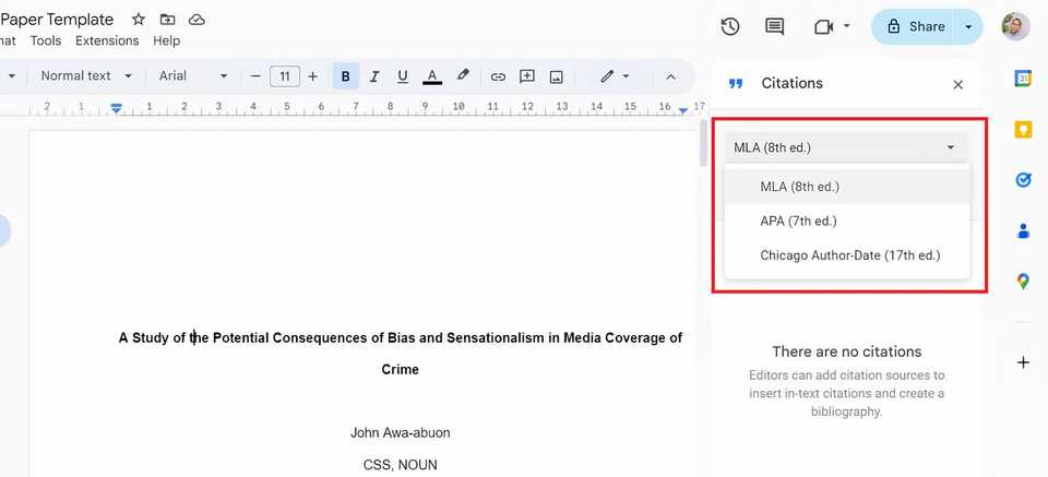 Боковая панель Citations в Google Docs с добавленными источниками.