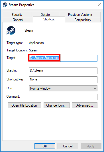 Свойства ярлыка Steam с указанием пути установки