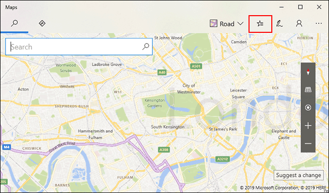В Windows 10 Maps нажмите иконку Сохранённые места в правом верхнем углу