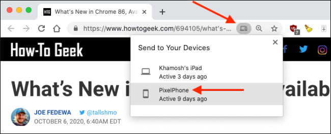 Переслать вкладку на iPhone или iPad из адресной строки Chrome на Mac