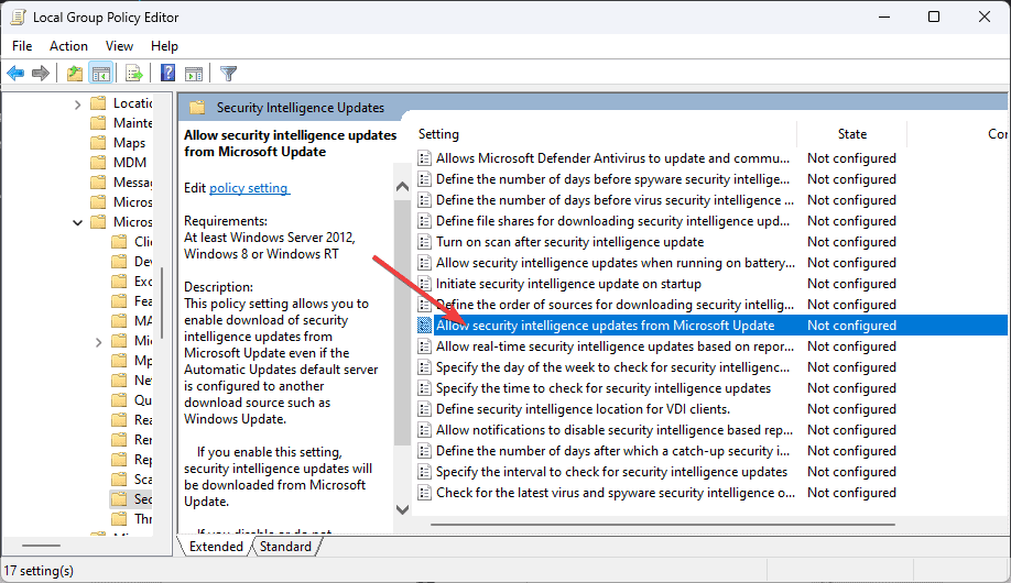 Параметр Allow security intelligence updates from Microsoft Update в групповой политике