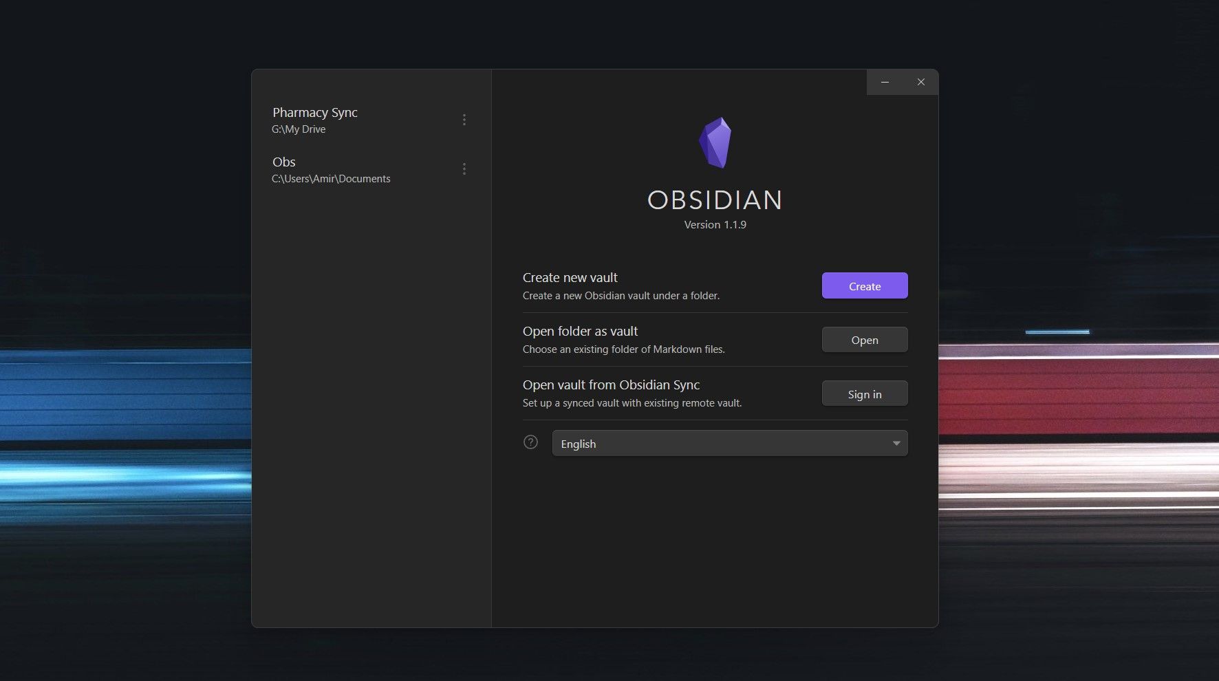 The Obsidian start window.