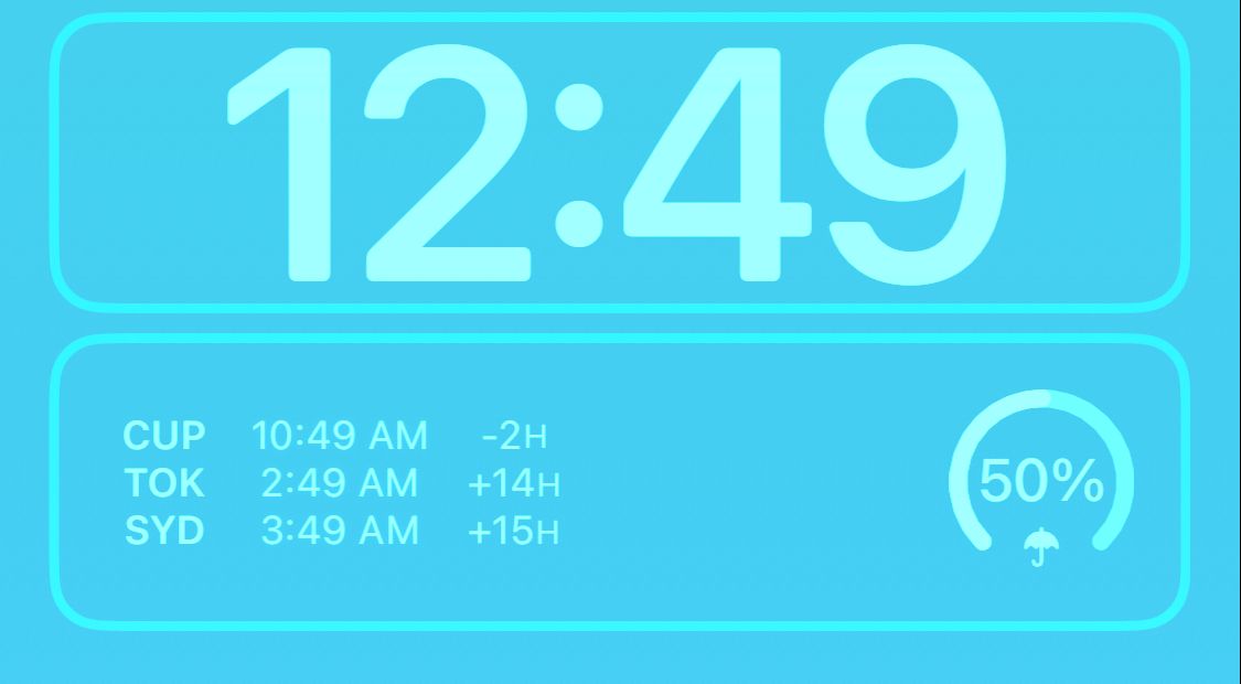Экран блокировки iPhone с виджетами часов и погоды