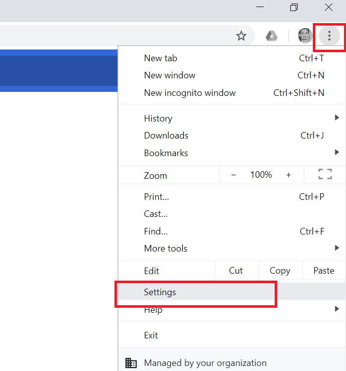 Меню настроек Chrome, три точки