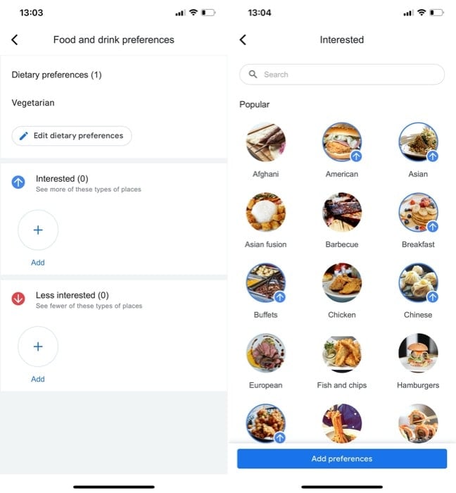 Выбор интересующих видов кухни и добавление предпочтений