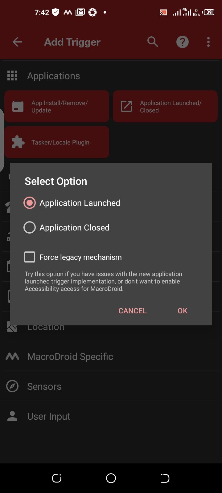 Выбор приложения в MacroDroid при создании тригера