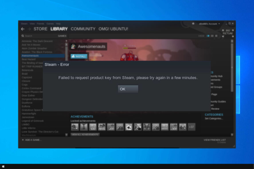 Risolvi errore chiave Steam — Failed to request product key
