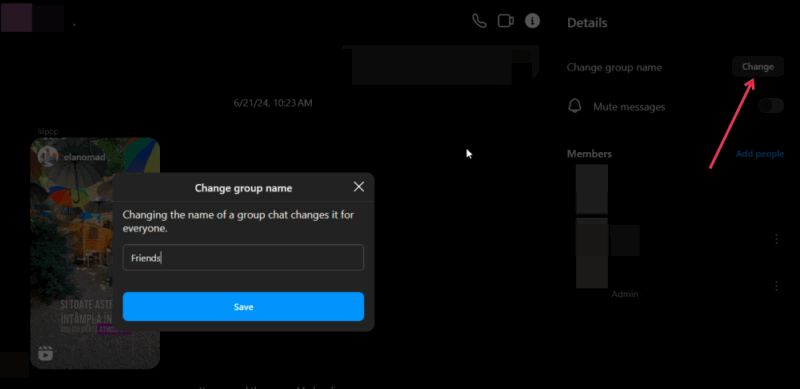 Изменение имени группы Instagram на ПК в боковом меню