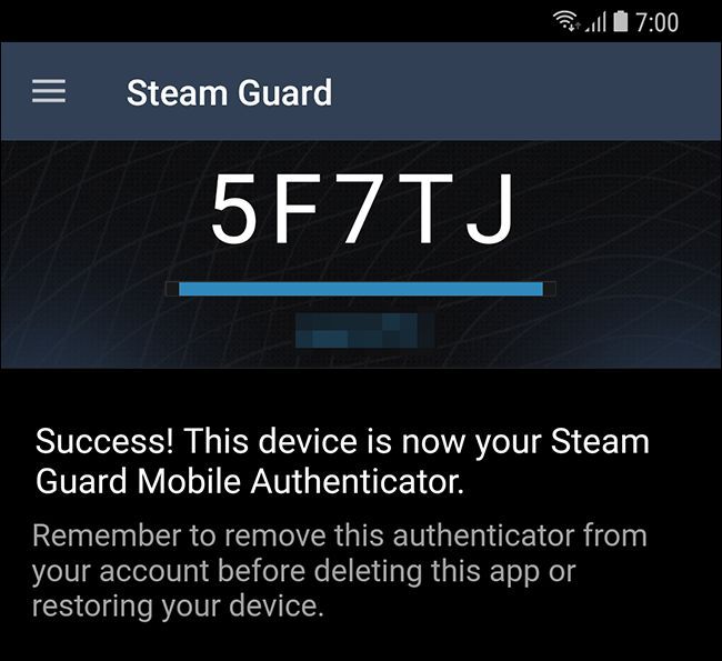 Экран с текущим кодом Steam Guard в приложении