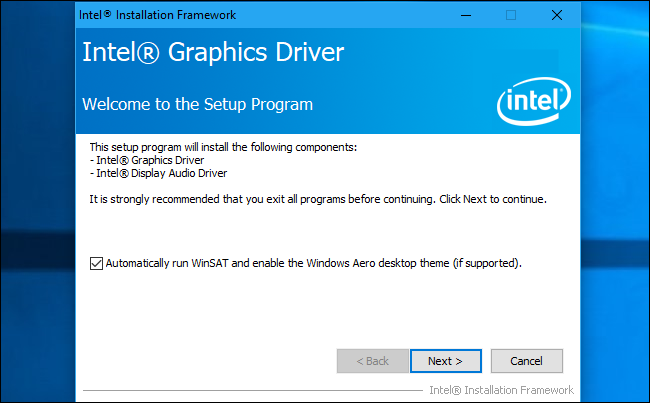 Окно завершения установки стандартного драйвера Intel