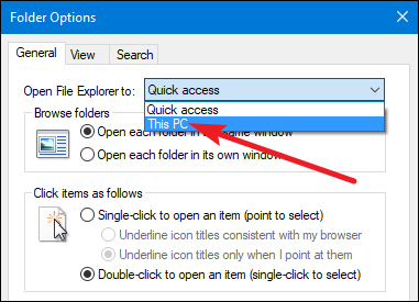 Параметры папок: выбран вариант Этот компьютер
