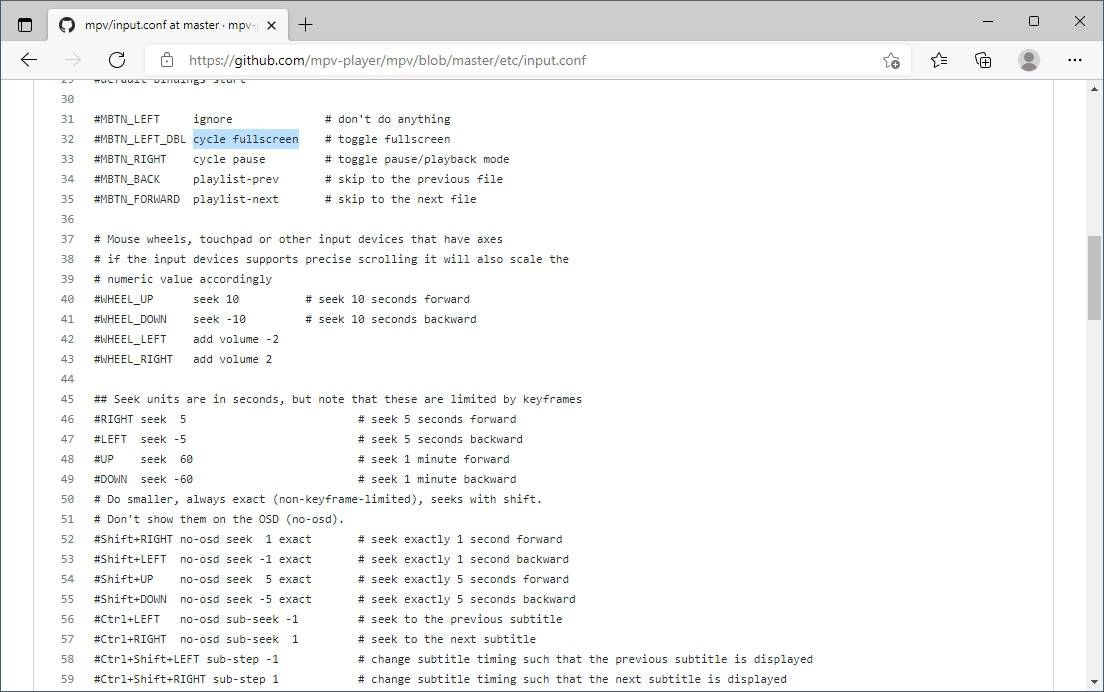 Пример файла input.conf из репозитория GitHub, демонстрирующий сопоставления клавиш