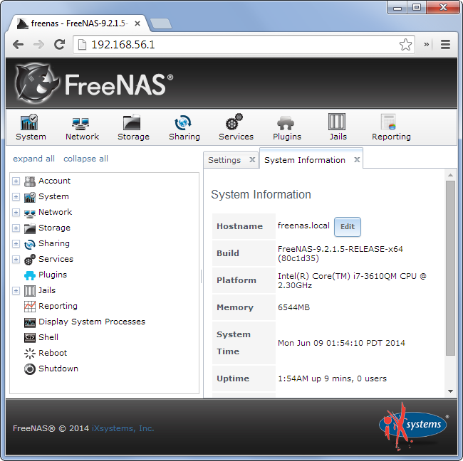 Веб-интерфейс FreeNAS для настройки