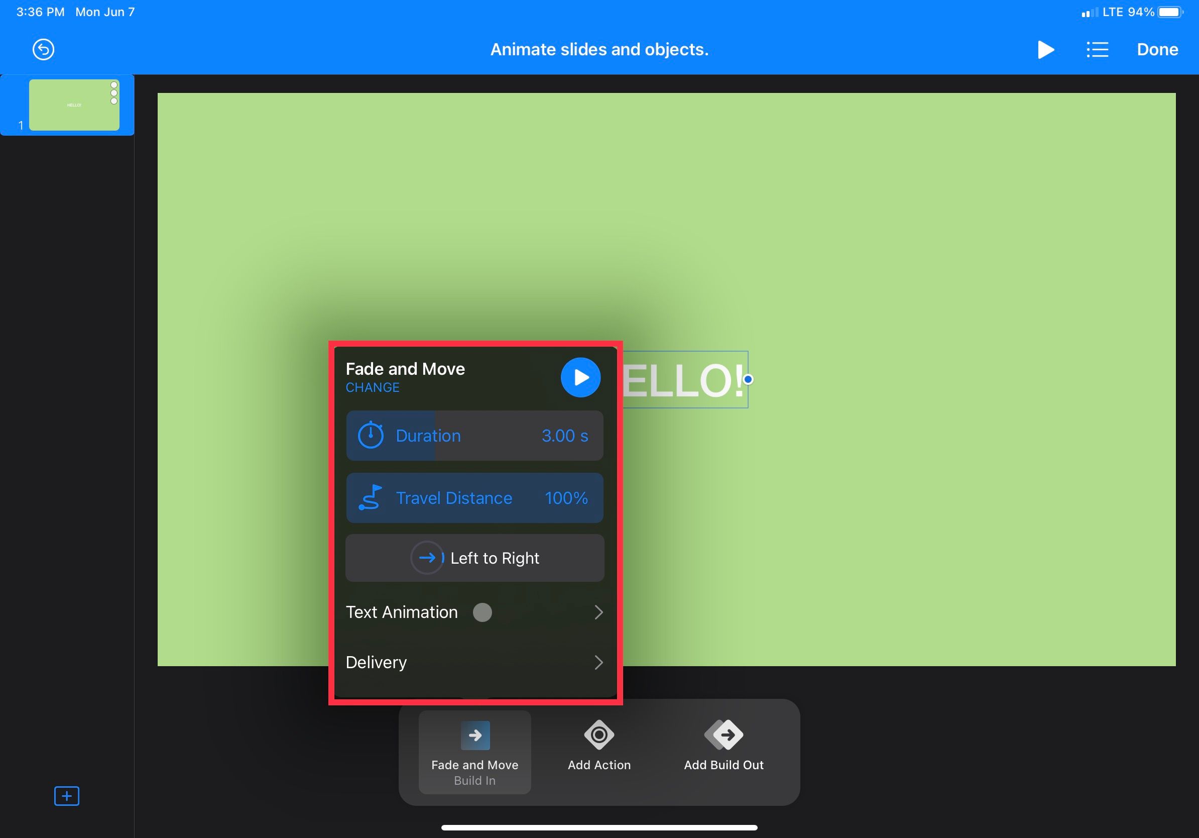 Параметры анимации в Keynote: направление, скорость, bounce
