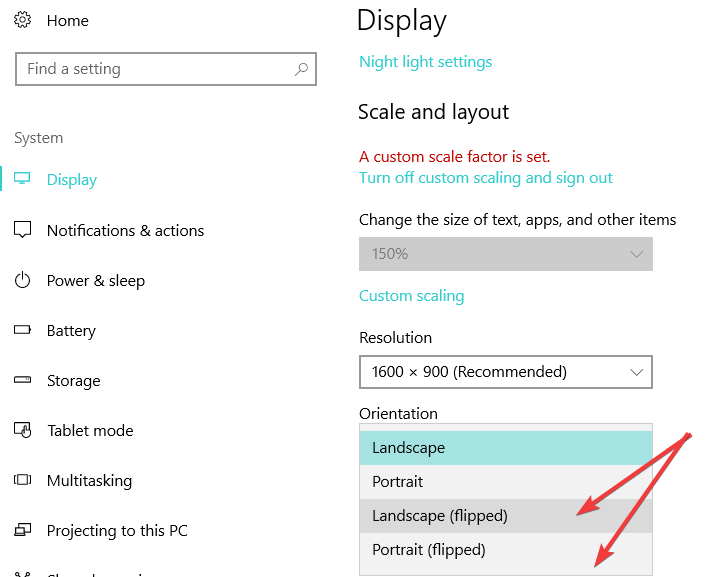 Скриншот параметров для поворота экрана в Windows