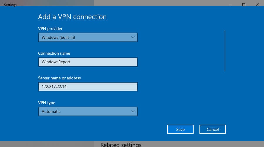 Добавление VPN-подключения в Windows 10: окно настройки