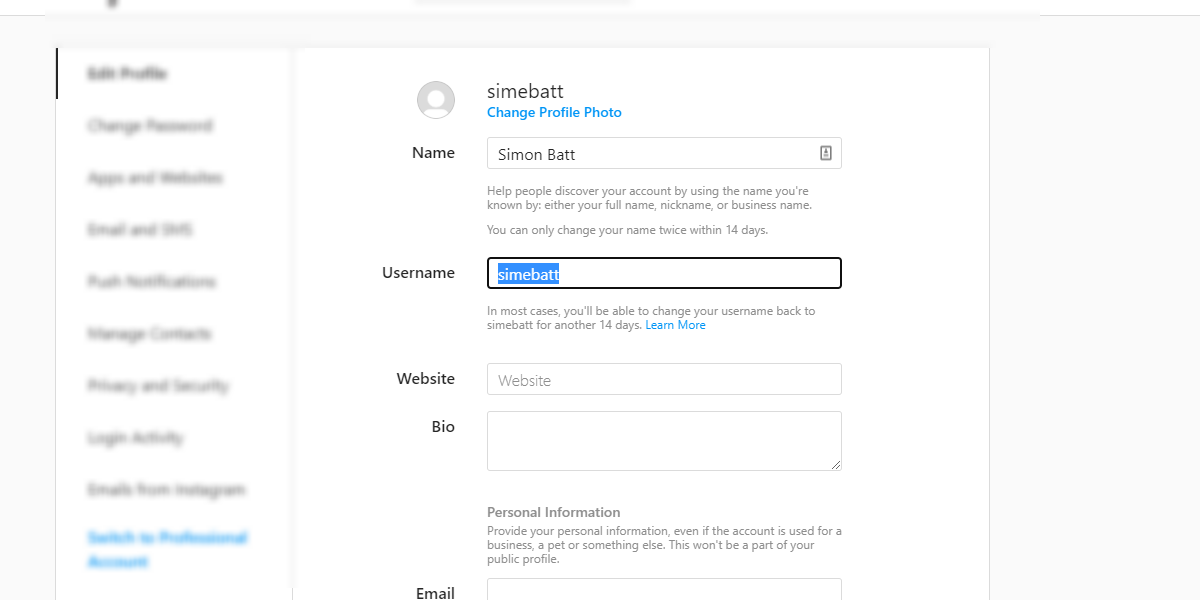 Поле для изменения имени пользователя в Instagram