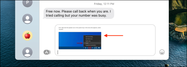 Скриншот вставлен в приложение «Сообщения» на Mac