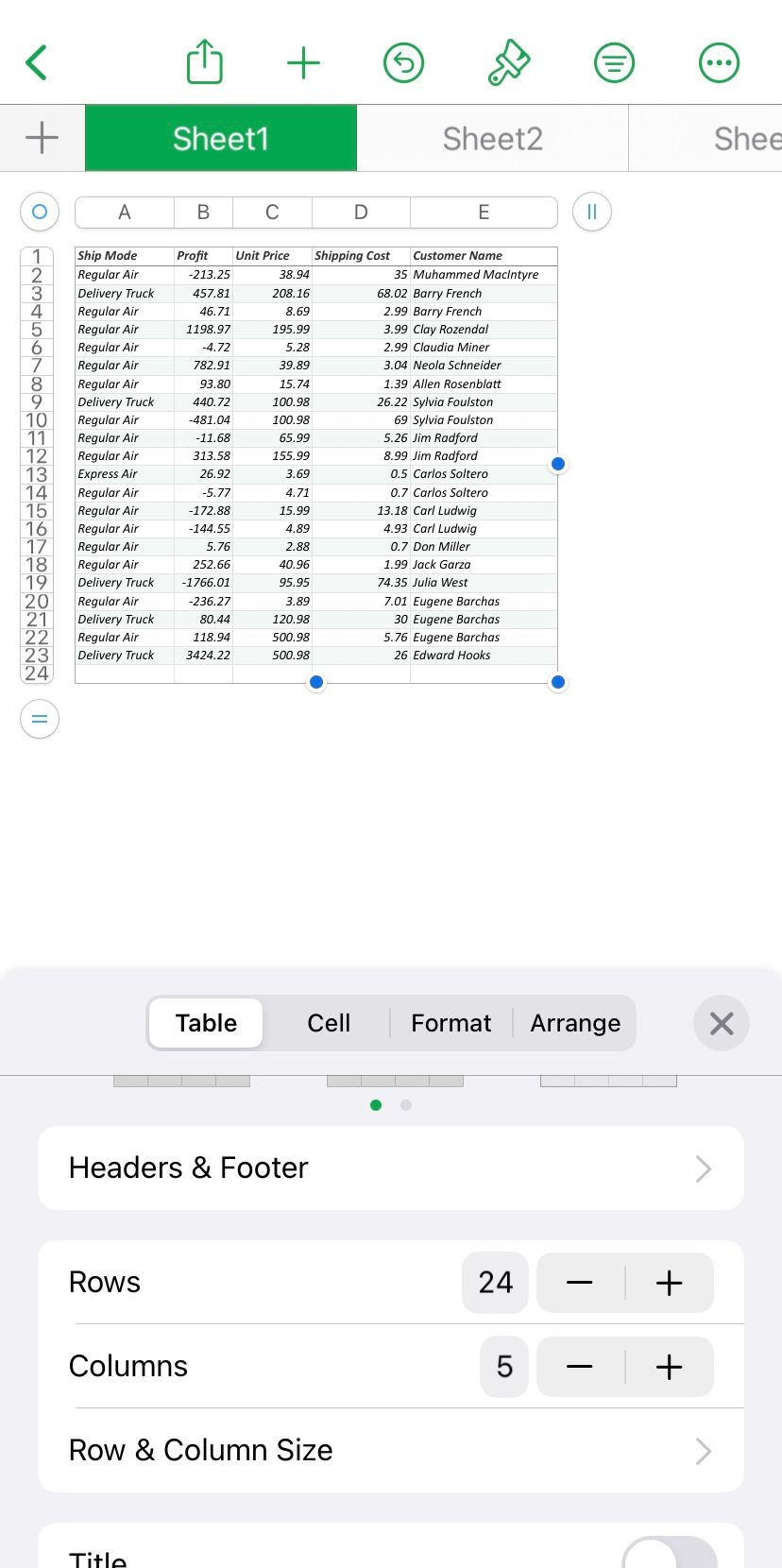 Кнопка Заголовки и подвал в настройках таблицы