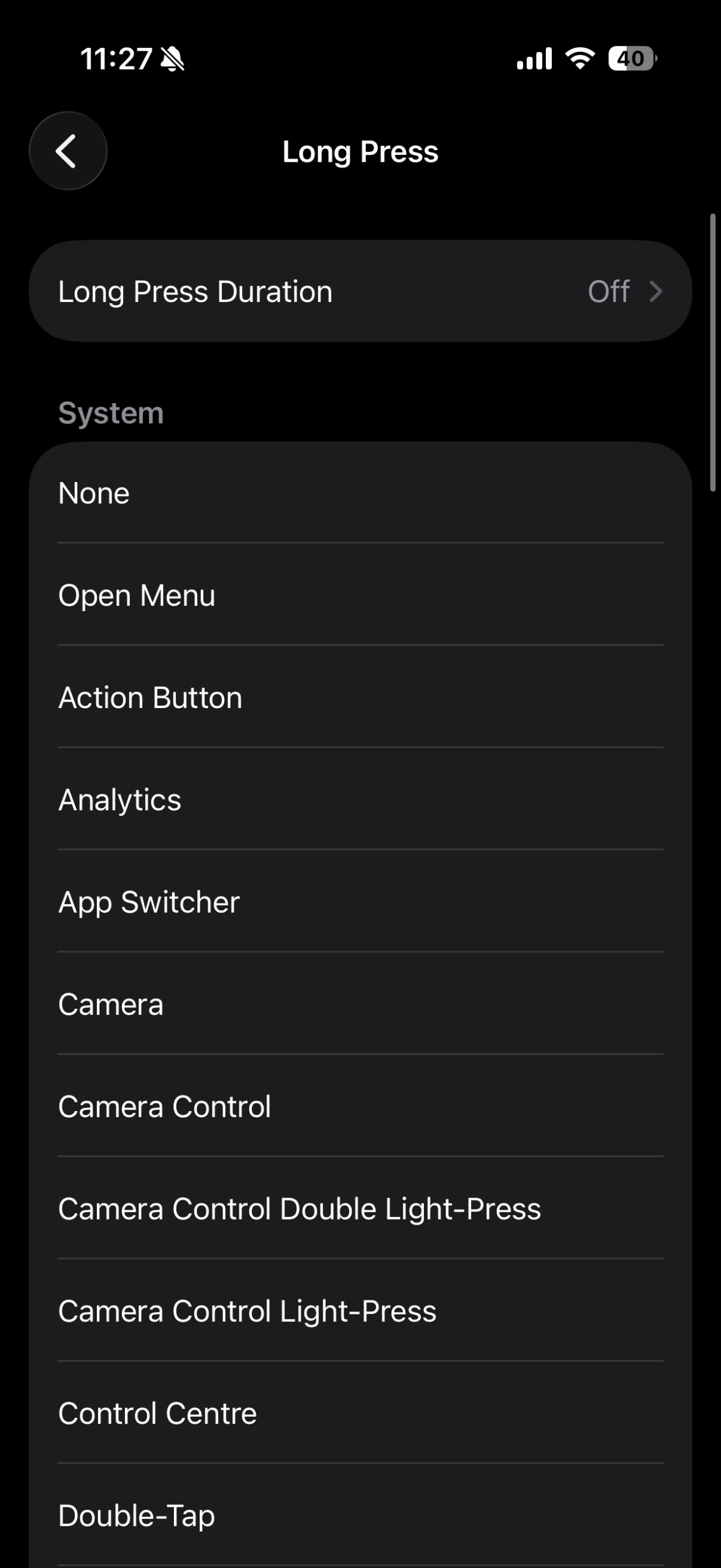 Пример настройки длительного нажатия AssistiveTouch