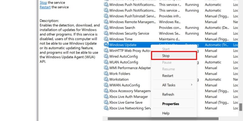 Остановка службы Windows Update
