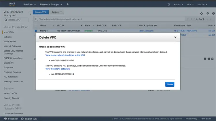 Просмотр NAT Gateways перед удалением