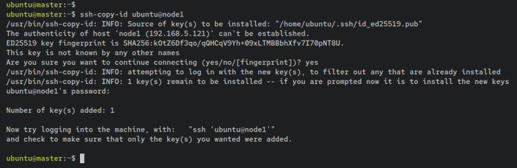 Загрузка SSH ключа на node1