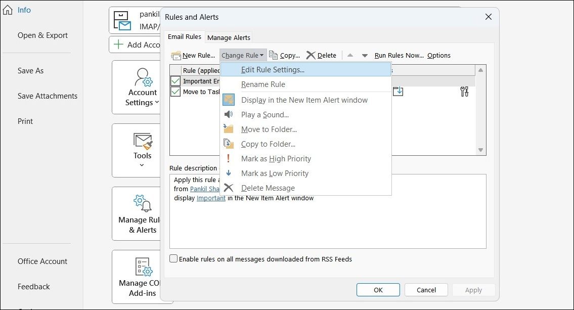 Изменение параметров правила Outlook
