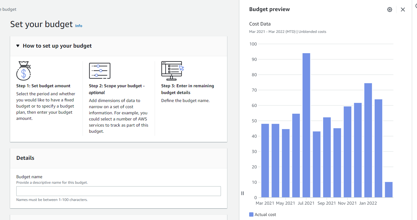 Скриншот интерфейса AWS Budgets с ежемесячными трата