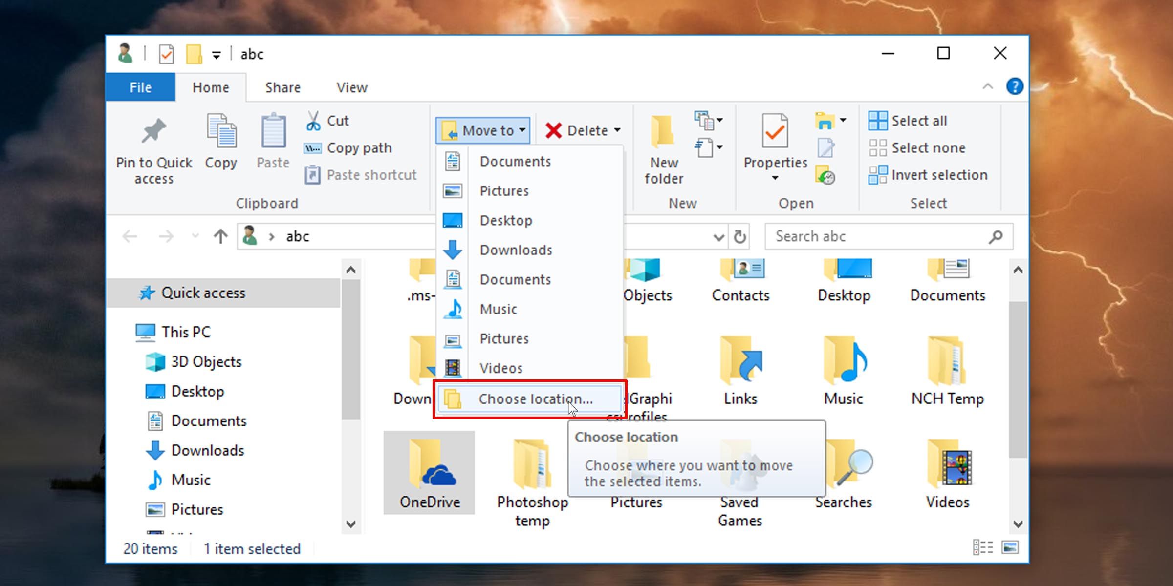 Выберите новое расположение для папки OneDrive